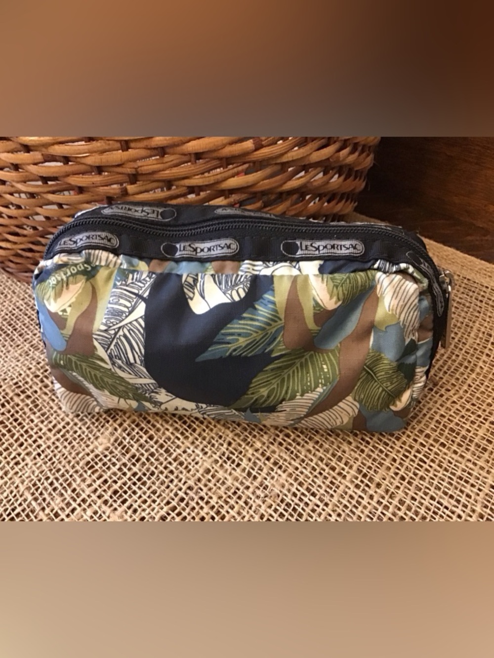 LeSportsac Black & Green Safari Animal Tropical Leaf Cosmetic Pouch
